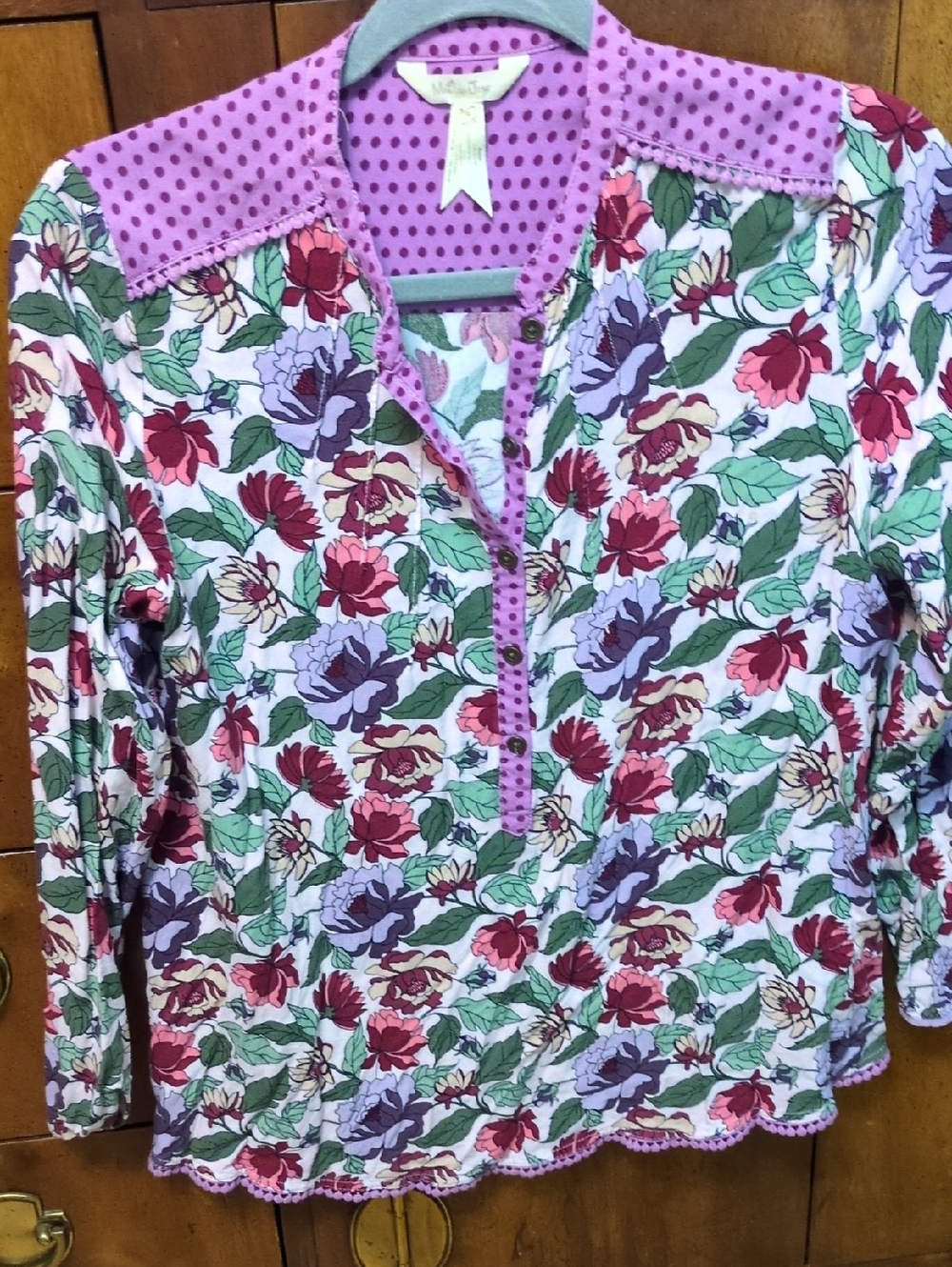 Matilda Jane Floral Top with Purple Polka Trim